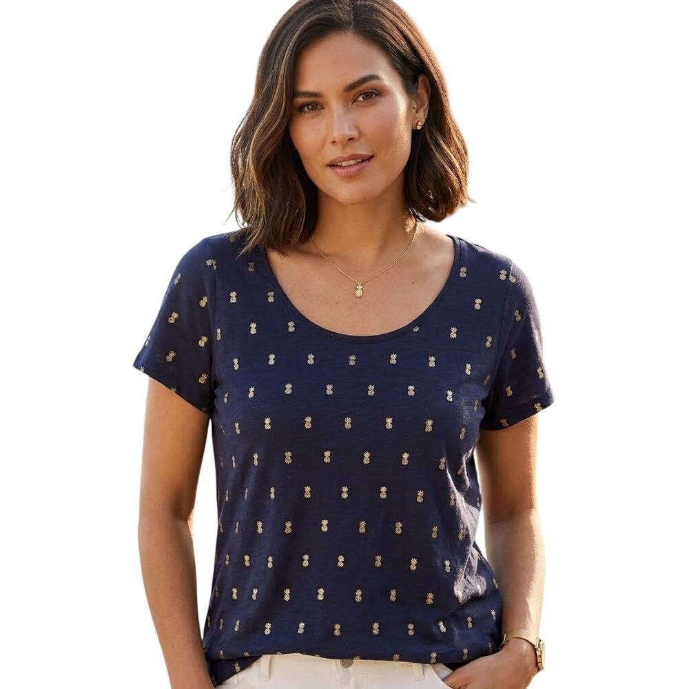 Cynthia Rowley Navy Pineapple Print T-Shirt Short Sleeve Pullover Women's 1X